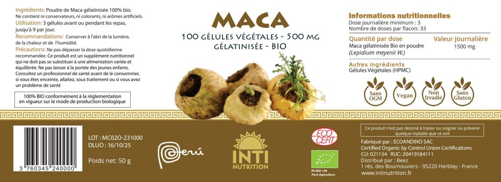 Maca Bio En Gélules - 120 Gélules De 500mg - 100% Naturel, énergie & Vitalité - Fabriqué En France